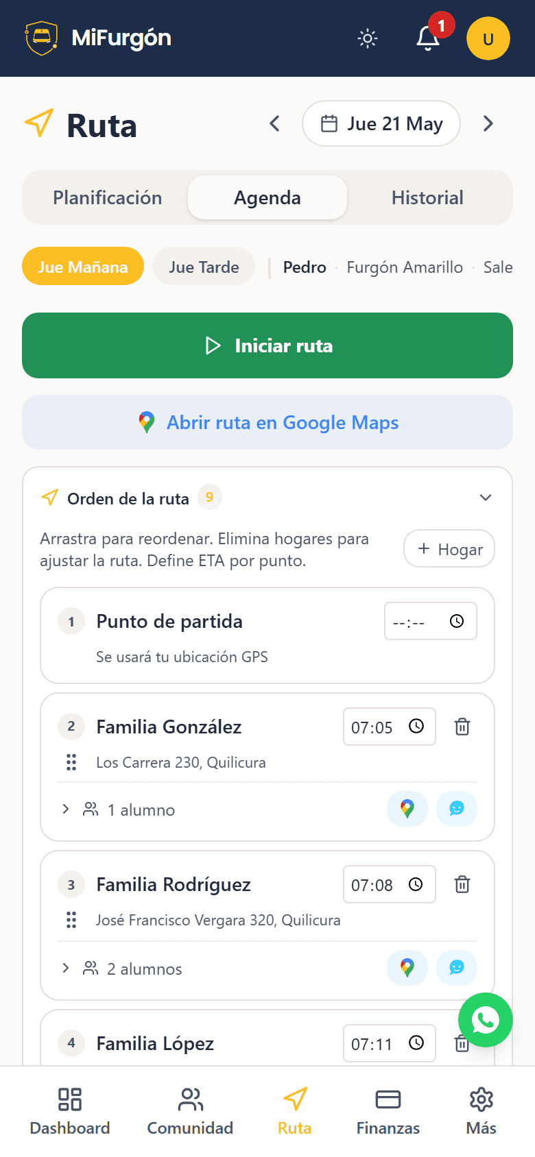 La ruta del día en la app del chofer: paradas en orden, familias y hora estimada.