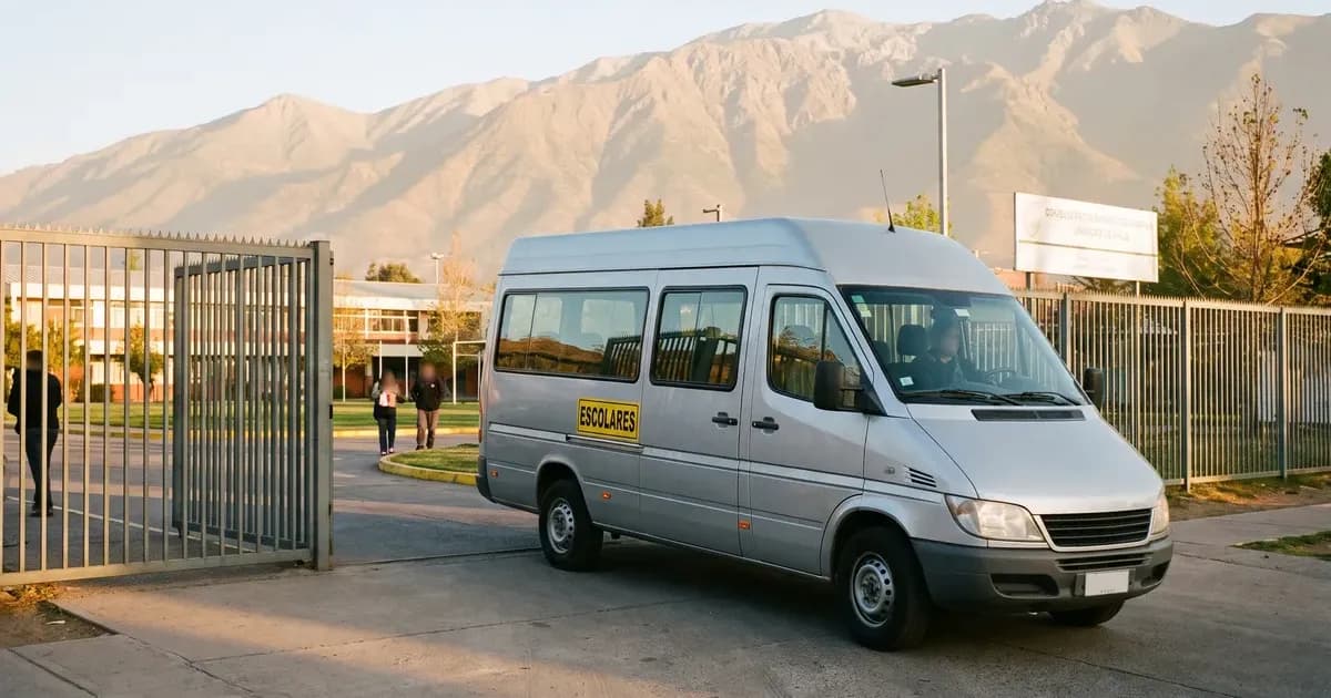 Furgón escolar frente a la reja de un colegio en Santiago, con la cordillera de fondo