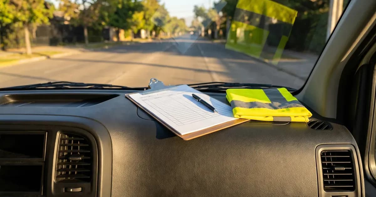 Tablero de un furgón escolar con una carpeta de documentos y un chaleco reflectante