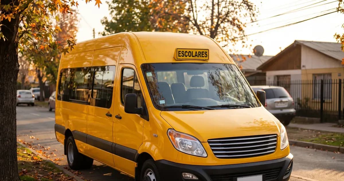 Furgón escolar amarillo con letrero «ESCOLARES» estacionado en una calle residencial en otoño