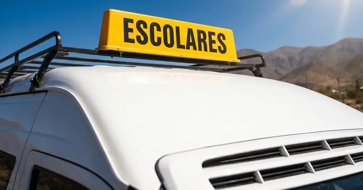 Letrero amarillo «ESCOLARES» sobre el techo de un furgón escolar blanco