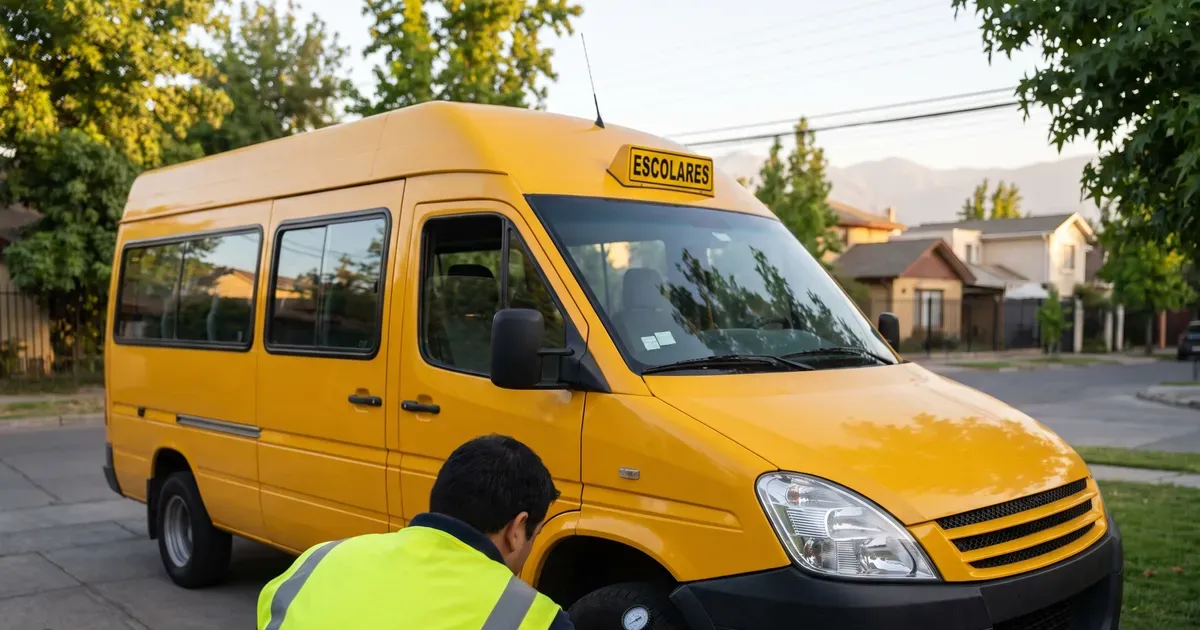 Persona revisando el neumático delantero de un furgón escolar amarillo