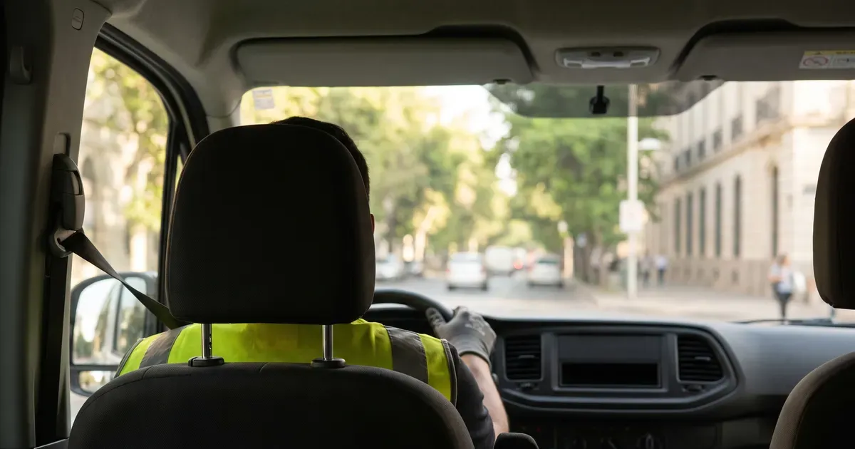 Conductor manejando un furgón escolar por una calle de Santiago, visto desde atrás