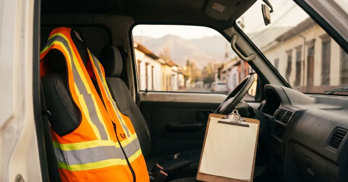 Chaleco reflectante y carpeta sobre el asiento del conductor de un furgón escolar