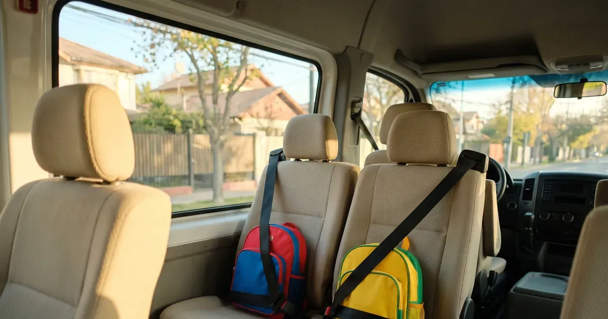 Mochilas infantiles sobre los asientos con cinturón de un furgón escolar