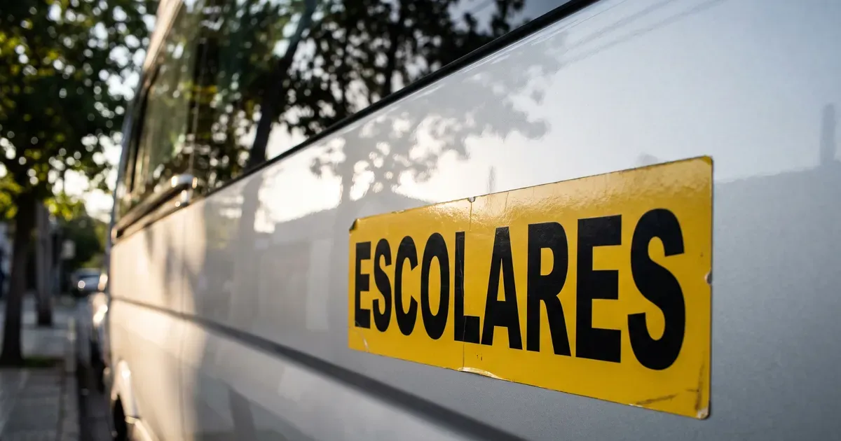 Adhesivo amarillo «ESCOLARES» en el costado de un furgón escolar blanco