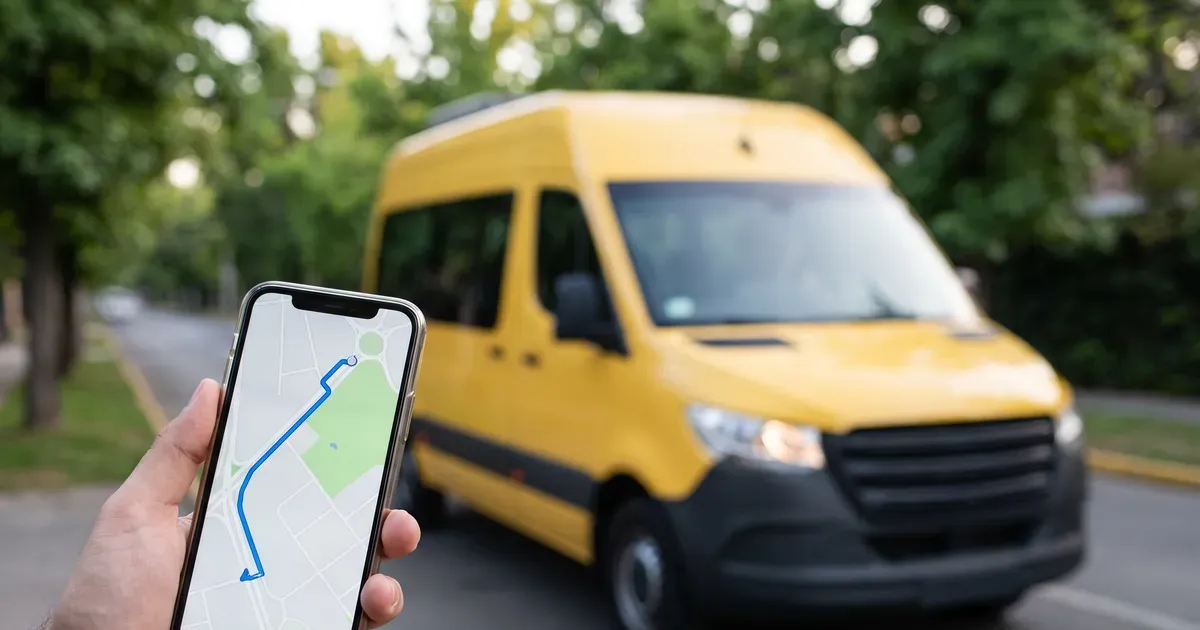 Celular con el mapa del recorrido y un furgón escolar amarillo llegando