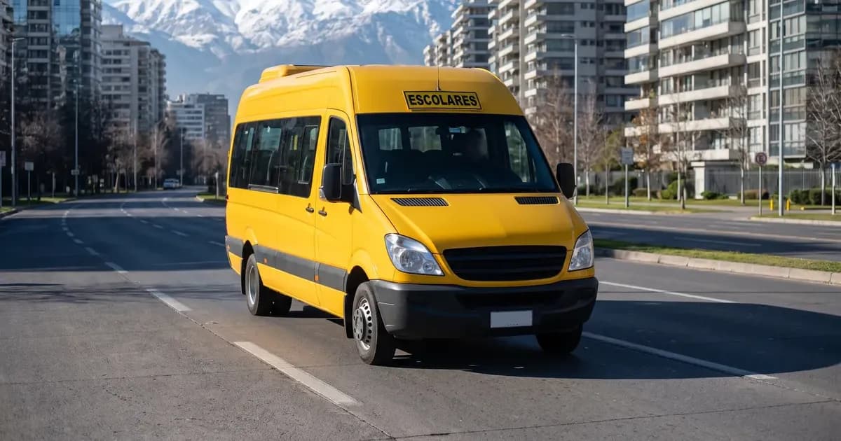 Furgón escolar amarillo en una avenida de Santiago con la cordillera de fondo