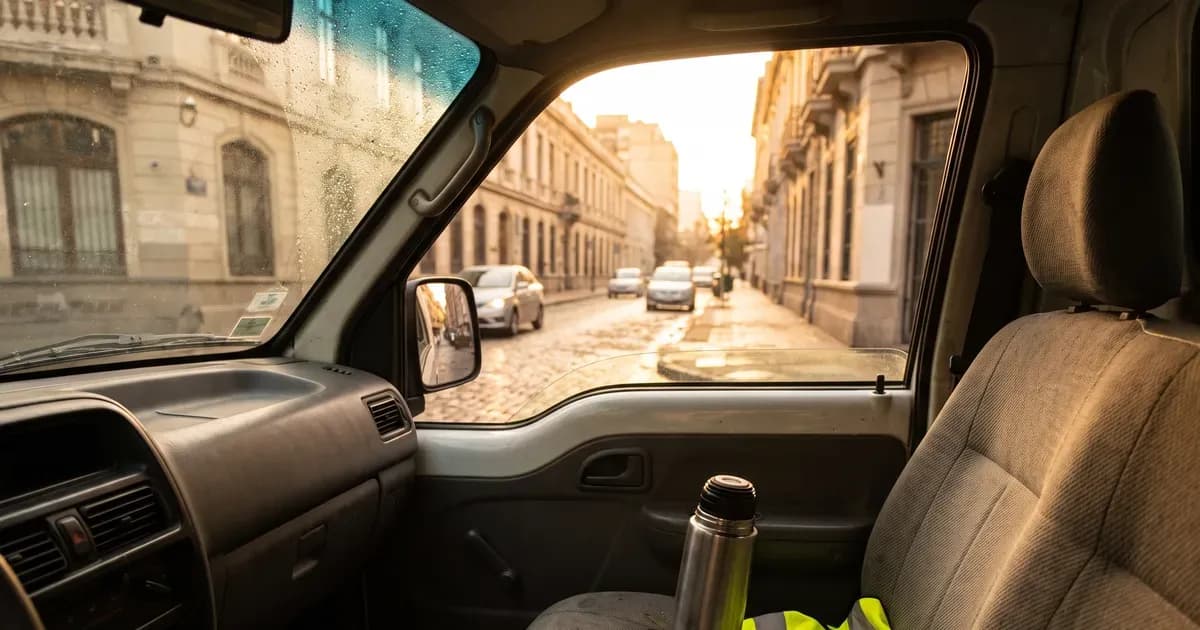 Cabina de un furgón escolar con un chaleco reflectante en el asiento