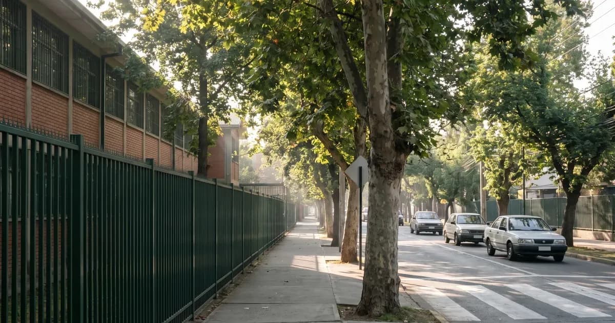 Vereda arbolada junto a la reja de un colegio en María Pinto